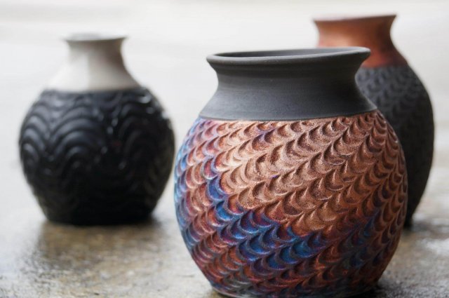 Textured Copper Glazed Raku Pottery